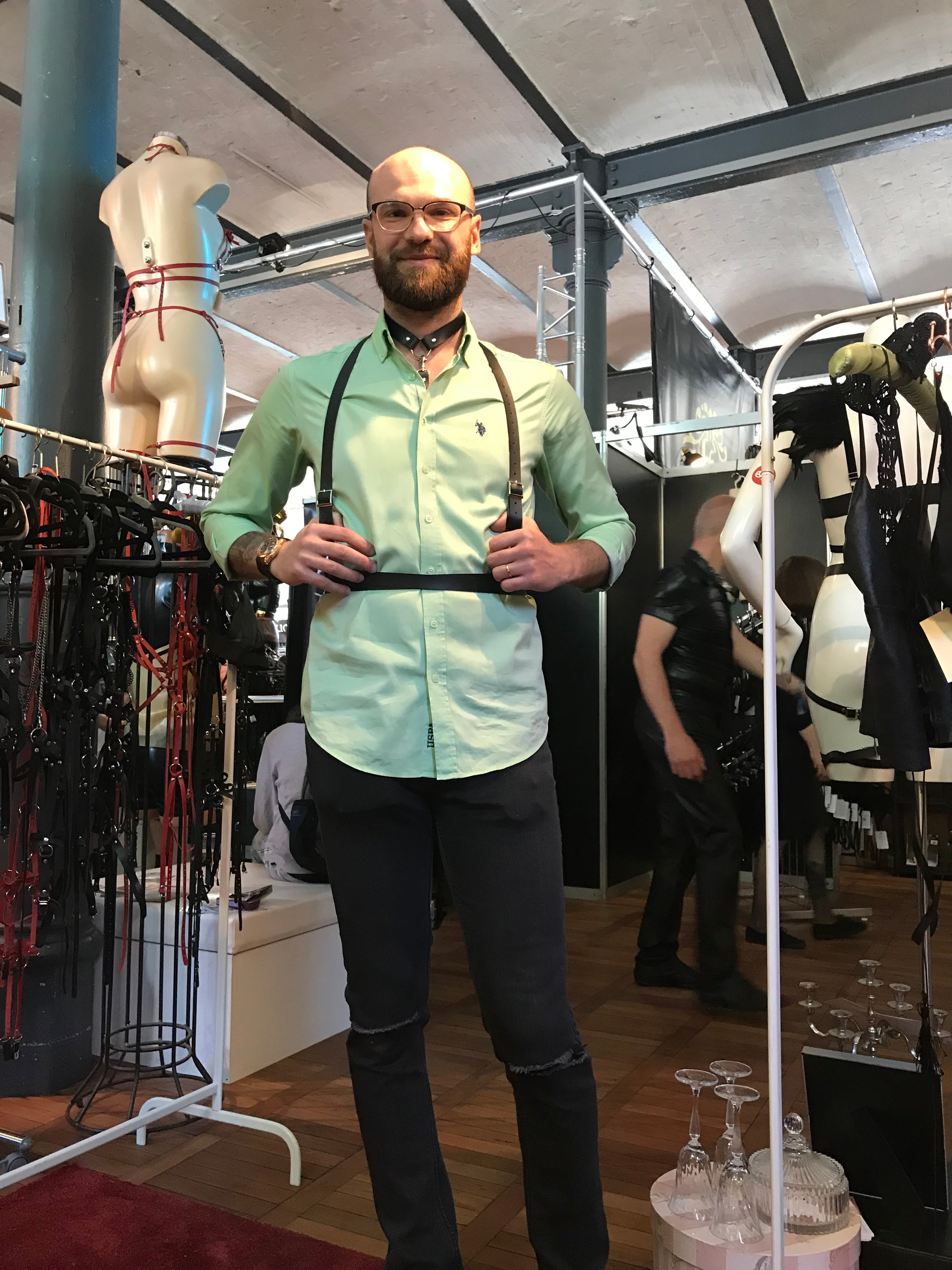 Model wearing artisan leather harness