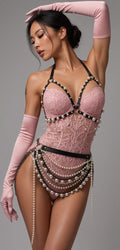 woman wearing Pearl premium harness leather from amoreze