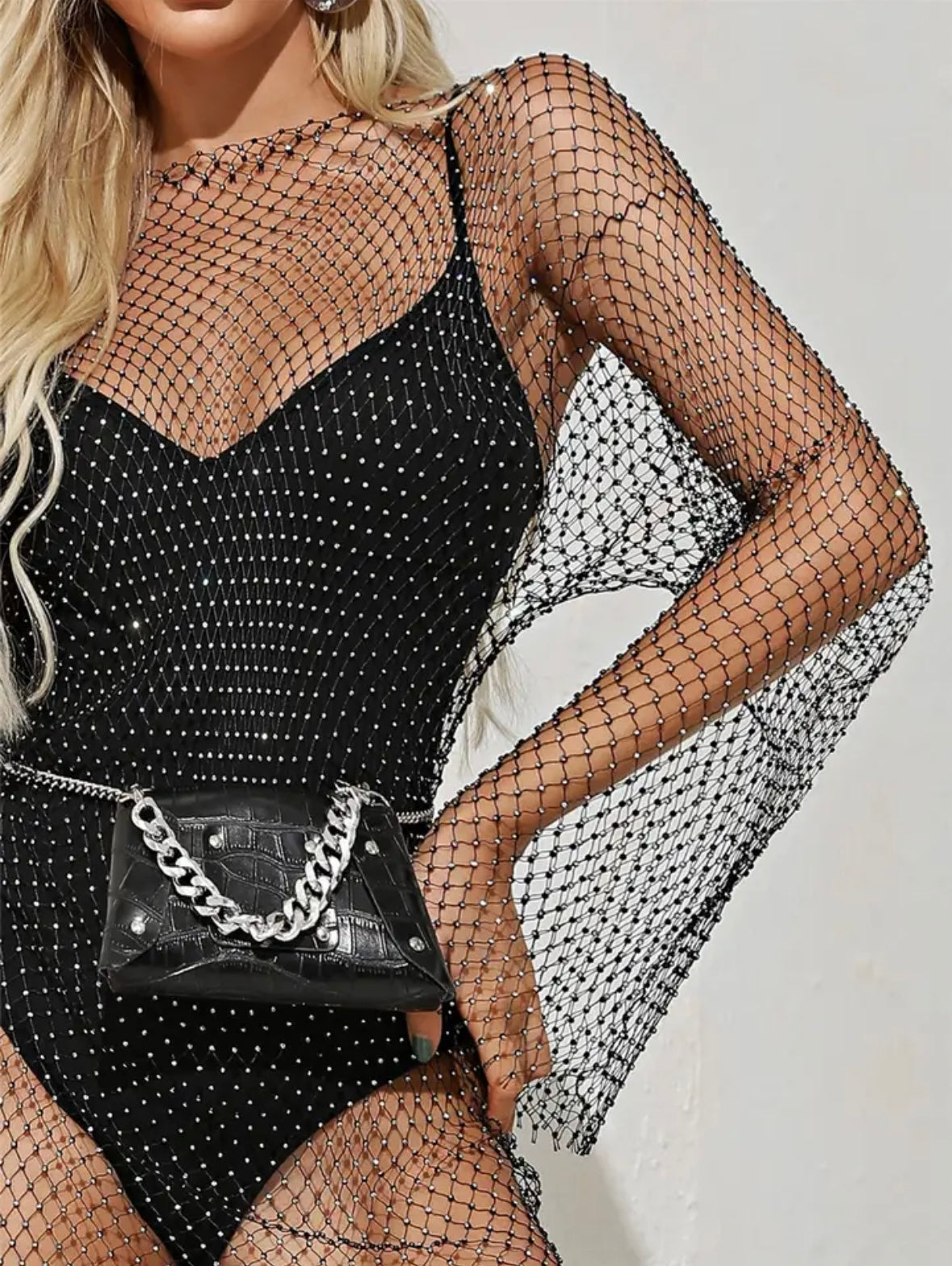 Luxe Noir Mesh Elegance - Black Fishnet Dress for Women