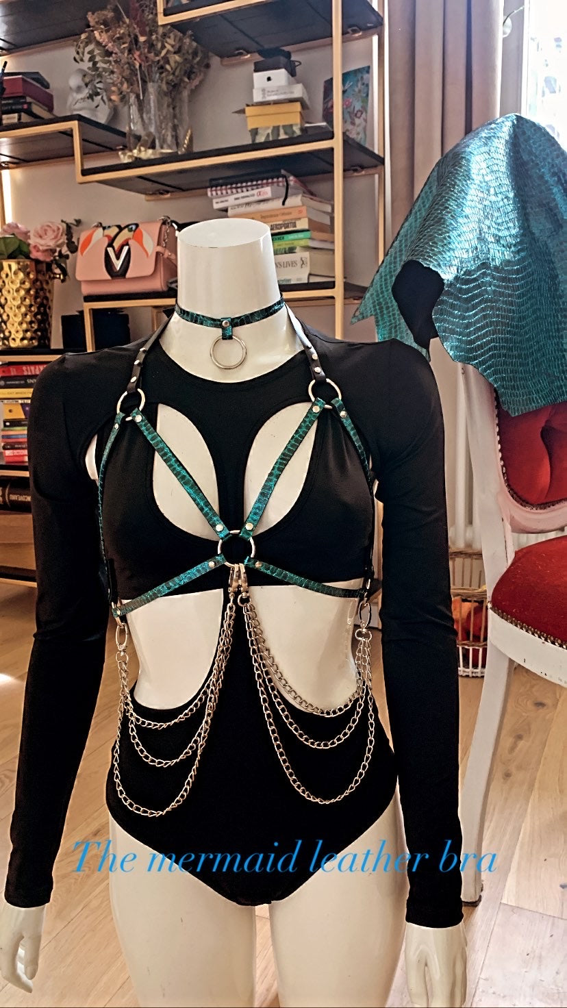 Mermaid bra leather harness with choker
